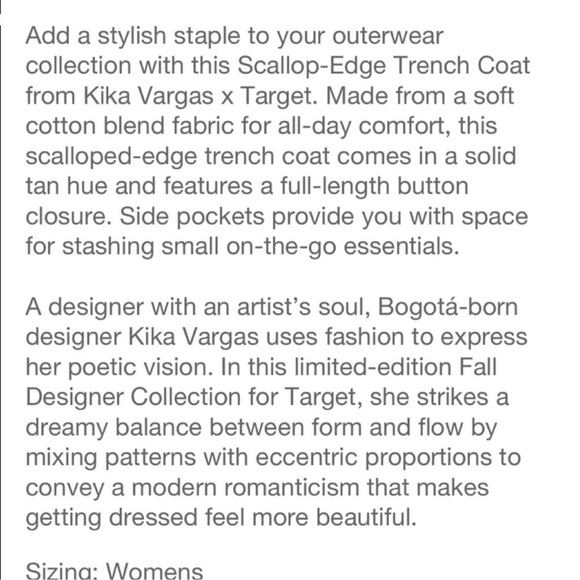 Kika Vargas x Target Tan Khaki Scalloped Edge
Trench Coat Size 4X NWT - Picture 6 of 6